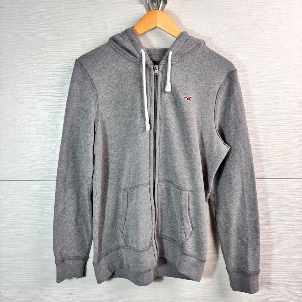 Hollister Gray Full Zip Hoodie Small Burgundy Seagull Logo Y2K Preppy